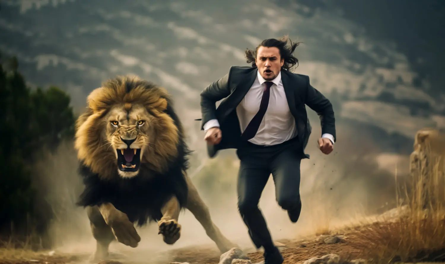 Geschäftsmann im Anzug wird von einem Löwen gejagt. Konzept von Wettbewerb und Konkurrenten im Geschäft.