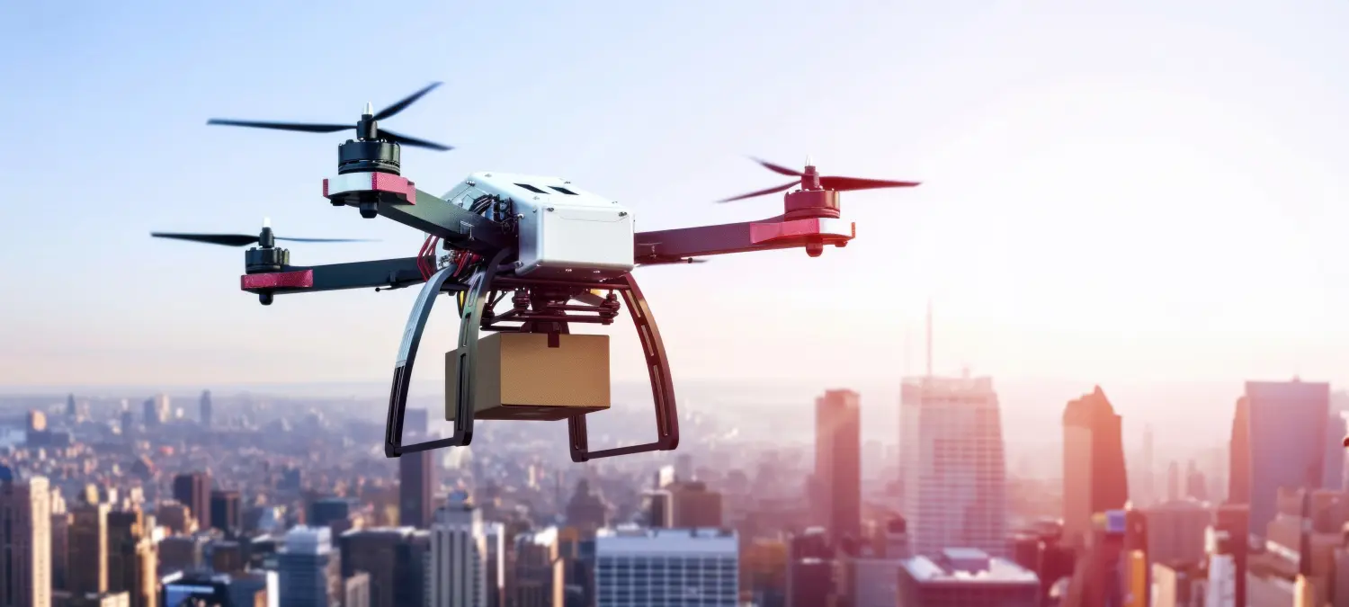 Drohnenlieferung liefert Postpakete, technologische Versandinnovation, Konzept für schnelle Drohnenlieferung und sichere Lieferung.